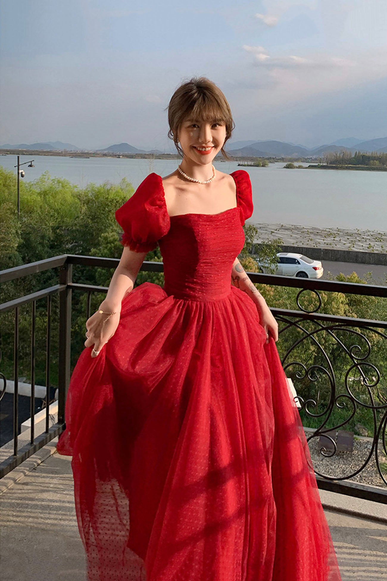 Red tulle long prom dress A line ...